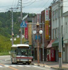 道路わきに商店が立ち並び横断歩道前でバスが止まっている町中の写真