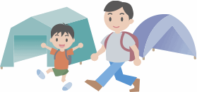 テントの立てられた横をリュックを背負った子どもと大人が楽しそうに歩いているイラスト