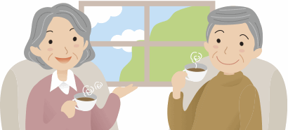 老夫婦が家の中でコーヒーを飲みながら笑顔でおしゃべりしてる様子のイラスト